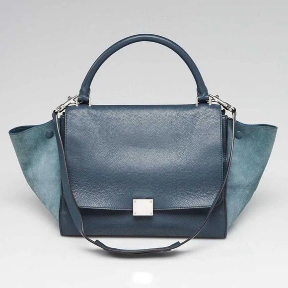 Celine Blue Pebbled Calfskin Leather and Suede Medium Trapeze Bag - Picture 1 of 10